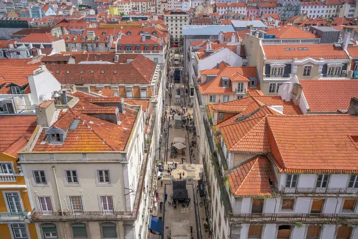 Framed Print : View of city skyline from Santa Justa Lift on a sunny day, Lisbon, Portugal, Europe