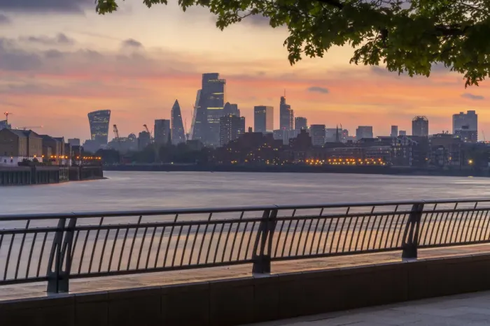 Framed Print : View of The City skyline at sunset from the Thames Path, London, England, United Kingdom Framed Print : View of The City skyline at sunset from the Thames Path, London, England, United Kingdom
