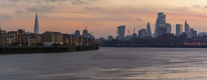 Framed Print : View of The City skyline at sunset from the Thames Path, London, England, United Kingdom Framed Print : View of The City skyline at sunset from the Thames Path, London, England, United Kingdom