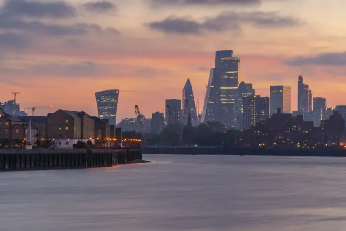 Framed Print : View of The City skyline at sunset from the Thames Path, London, England, United Kingdom Framed Print : View of The City skyline at sunset from the Thames Path, London, England, United Kingdom