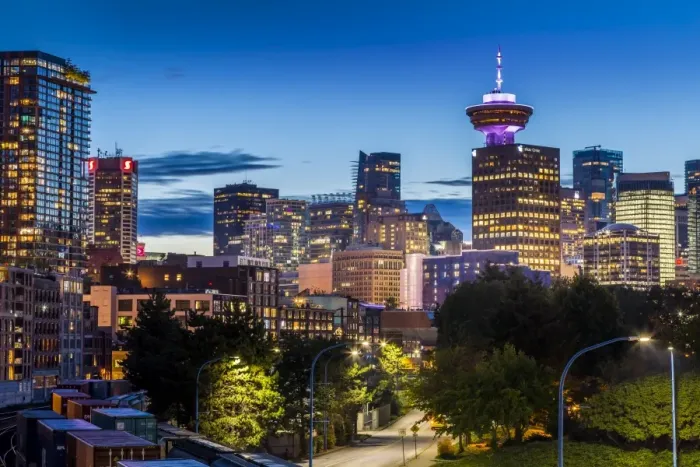 Framed Print : View of city skyline and Vancouver Lookout Tower at dusk from Portside, Vancouver Framed Print : View of city skyline and Vancouver Lookout Tower at dusk from Portside, Vancouver
