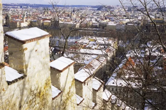 Framed Print : View of city from snow covered Gothic Hunger Wall on Petrin Hill, Mala Strana Framed Print : View of city from snow covered Gothic Hunger Wall on Petrin Hill, Mala Strana