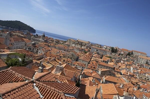 View from city wall of the red rooftops of Dubrovnik, Dalmatia, Croatia, Europe