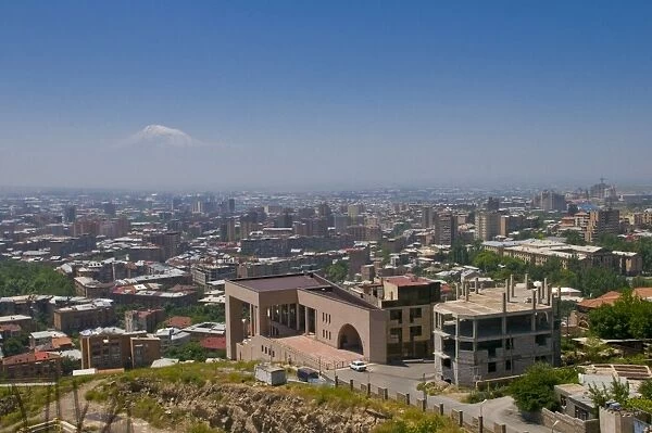 View over city of Yerevan, with Mount Ararat in the distance, Armenia, Caucasus