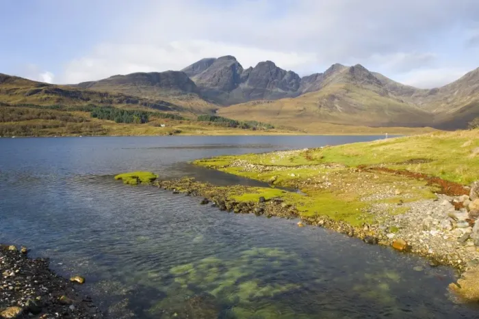 Framed Print : View across the clear waters of Loch Slapin to the Cuillin Hills, the peak of Bla Bheinn Framed Print : View across the clear waters of Loch Slapin to the Cuillin Hills, the peak of Bla Bheinn