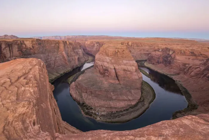 Framed Print : View from cliff edge over the Colorado River at Horseshoe Bend, dawn Framed Print : View from cliff edge over the Colorado River at Horseshoe Bend, dawn