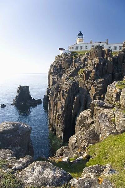 View to the clifftop lighthouse at Neist Point, near Glendale, Isle of Skye, Inner Hebrides, Highland, Scotland, United Kingdom, Europe