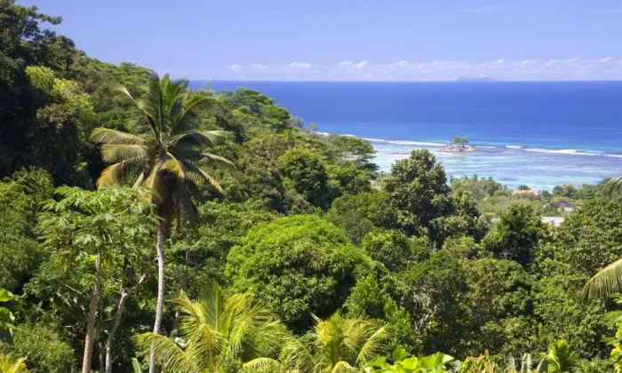 Framed Print : View over coast from the Jardin du Roi spice garden above Anse Royale, Anse Royale district