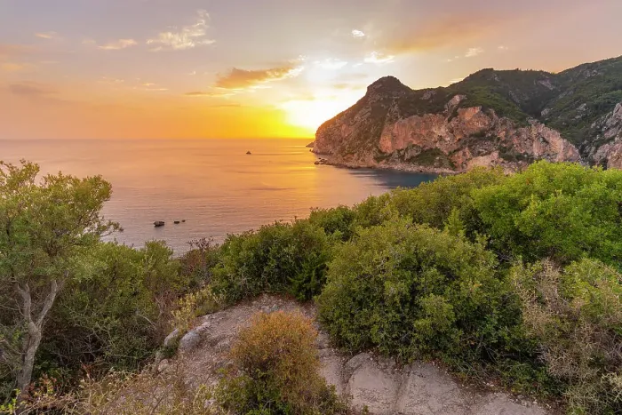 Framed Print : View of coastline from Monastery of Paleokastritsa at sunset, Palaiokastritsa, Corfu, Ionian Sea, Greek Islands, Greece, Europe Framed Print : View of coastline from Monastery of Paleokastritsa at sunset, Palaiokastritsa, Corfu, Ionian Sea, Greek Islands, Greece, Europe