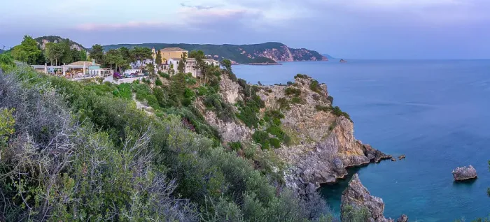 Framed Print : View of coastline from Monastery of Paleokastritsa at sunset, Palaiokastritsa, Corfu, Ionian Sea, Greek Islands, Greece, Europe