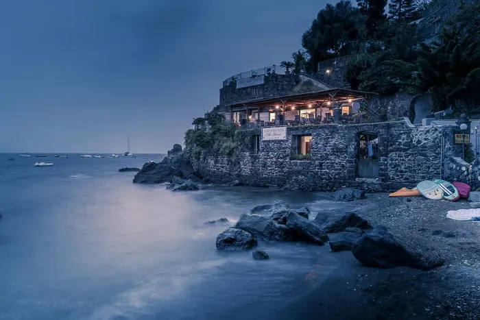 Framed Print : View of coastline restaurant near Aragonese Castle at dusk, Port of Ischia, Island of Ischia, Campania, Italy, Europe Framed Print : View of coastline restaurant near Aragonese Castle at dusk, Port of Ischia, Island of Ischia, Campania, Italy, Europe