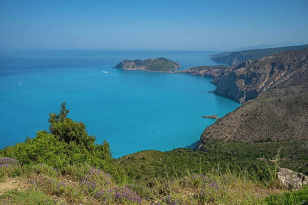 View of coastline, sea and Assos from near Agkonas, Kefalonia, Ionian Islands, Greek Islands, Greece, Europe