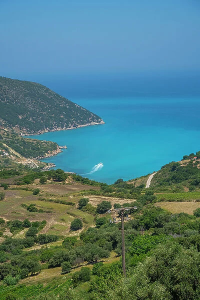 View of coastline, sea and hills near Agkonas, Kefalonia, Ionian Islands, Greek Islands, Greece, Europe