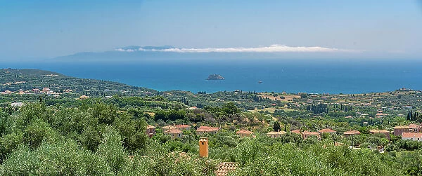 View of coastline and sea from near Lakithra, Kefalonia, Ionian Islands, Greek Islands, Greece, Europe