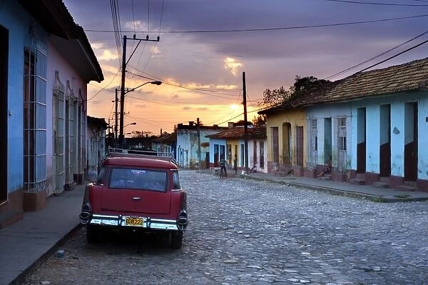 View along cobbled street at sunset, Trinidad, UNESCO World Hertitage Site
