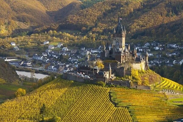 View over Cochem Castle and the Mosel River Valley in autumn, Cochem, Rheinland-Pfalz (Rhineland-Palatinate), Germany, Europe
