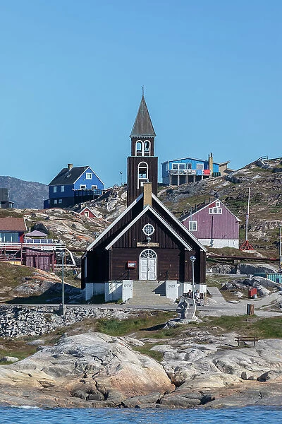 A view of the colorful town of Ilulissat, formerly Jakobshavn, Western Greenland, Polar Regions