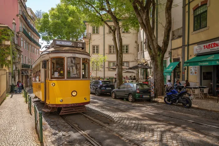 Framed Print : View of colourful architectecture and vintage tram in Alfama, Alfama District, Lisbon, Portugal, Europe Framed Print : View of colourful architectecture and vintage tram in Alfama, Alfama District, Lisbon, Portugal, Europe