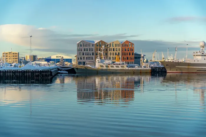 Framed Print : View of colourful buildings around Hafnarfjorour Marina reflecting in water in winter, Hafnarfjorour, Iceland Framed Print : View of colourful buildings around Hafnarfjorour Marina reflecting in water in winter, Hafnarfjorour, Iceland