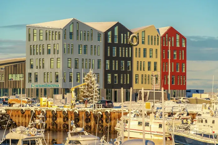 Framed Print : View of colourful buildings around Hafnarfjorour Marina in winter, Hafnarfjorour, Iceland Framed Print : View of colourful buildings around Hafnarfjorour Marina in winter, Hafnarfjorour, Iceland