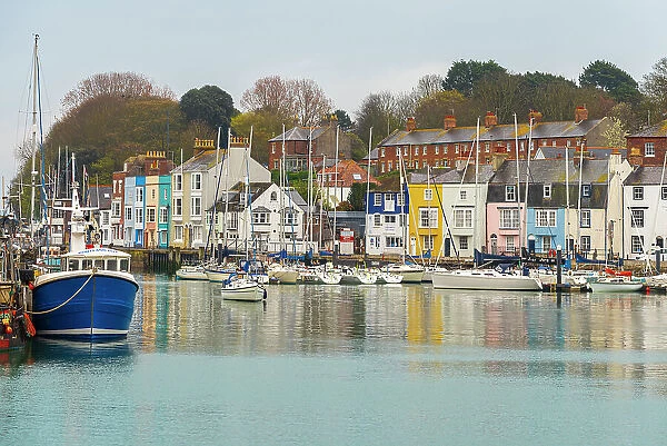 View of the colourful houses and fishing boats around the marina of the popular seaside village of Weymouth, Jurassic Coast, Dorset, England, United Kingdom, Europe