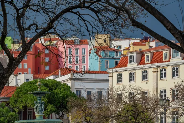 Framed Print : View of colourful houses from Praca do Rossio and Carmo Archaeological Museum, Lisbon, Portugal, Europe Framed Print : View of colourful houses from Praca do Rossio and Carmo Archaeological Museum, Lisbon, Portugal, Europe