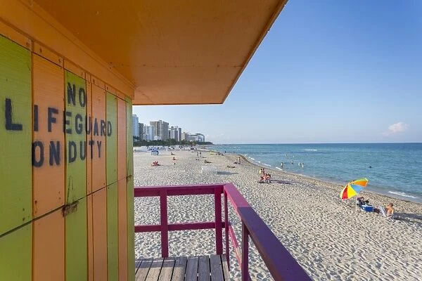 View from colourful Lifeguard station on South Beach and the Atlantic Ocean, Miami Beach