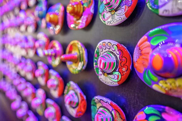 View of colourful Mexican Sombrero souvenirs, Hotel Zone, Cancun, Caribbean Coast, Yucatan Peninsula, Mexico, North America