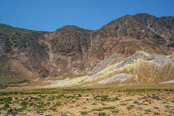 View of colourful rock formations near the Stefanoskrater Crater, Nisyros, Dodecanese, Greek Islands, Greece, Europe
