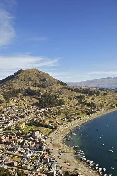 View of Copacabana and Lake Titicaca from Cerro Calvario, Copacabana, La Paz Department, Bolivia, South America