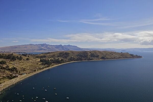 View of Copacabana and Lake Titicaca from Cerro Calvario, Copacabana, La Paz Department, Bolivia, South America