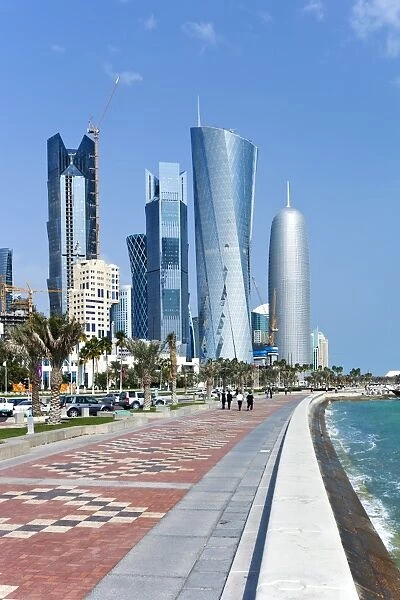 View along the Corniche towards the new skyline of the West Bay central financial district, Doha, Qatar, Middle East