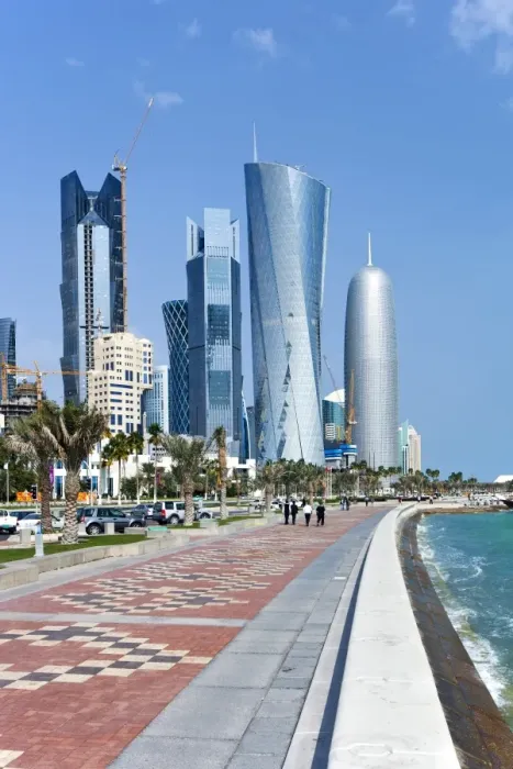 Framed Print : View along the Corniche towards the new skyline of the West Bay central financial district, Doha, Qatar, Middle East Framed Print : View along the Corniche towards the new skyline of the West Bay central financial district, Doha, Qatar, Middle East
