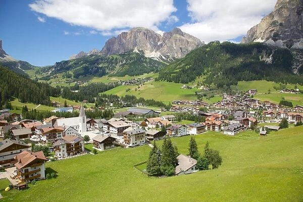 View of Corvara from cable car, Badia Valley, Bolzano Province, Trentino-Alto Adige  /  South Tyrol, Italian Dolomites, Italy, Europe