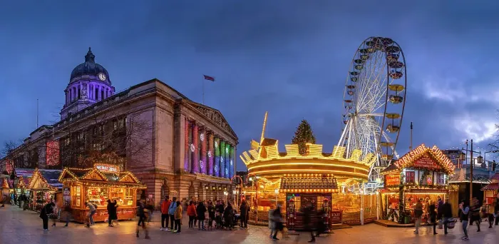 Framed Print : View of Council House (City Hall) and Christmas Market on Old Market Square at dusk, Nottingham, Nottinghamshire, England, United Kingdom, Europe