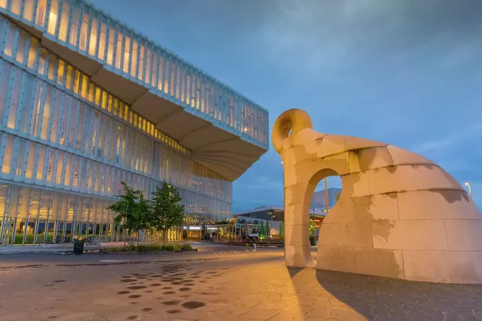 Framed Print : View of Creature from Iddefjord statue and Oslo Central Library on cloudy evening, Oslo, Norway, Scandinavia, Europe Framed Print : View of Creature from Iddefjord statue and Oslo Central Library on cloudy evening, Oslo, Norway, Scandinavia, Europe