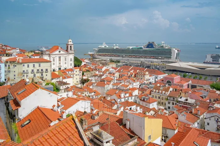 Framed Print : View of cruise ship in port and terrakotta rooftops in Alfama, Alfama District, Lisbon, Portugal, Europe Framed Print : View of cruise ship in port and terrakotta rooftops in Alfama, Alfama District, Lisbon, Portugal, Europe