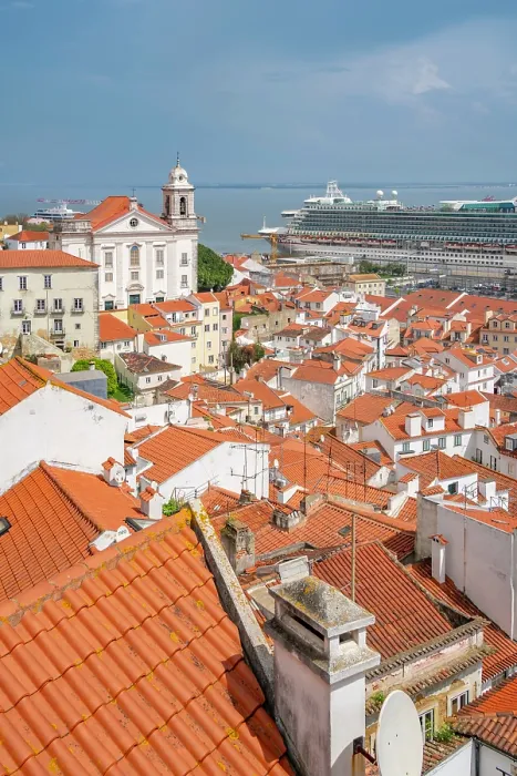 Framed Print : View of cruise ship in port and terrakotta rooftops in Alfama, Alfama District, Lisbon, Portugal, Europe Framed Print : View of cruise ship in port and terrakotta rooftops in Alfama, Alfama District, Lisbon, Portugal, Europe