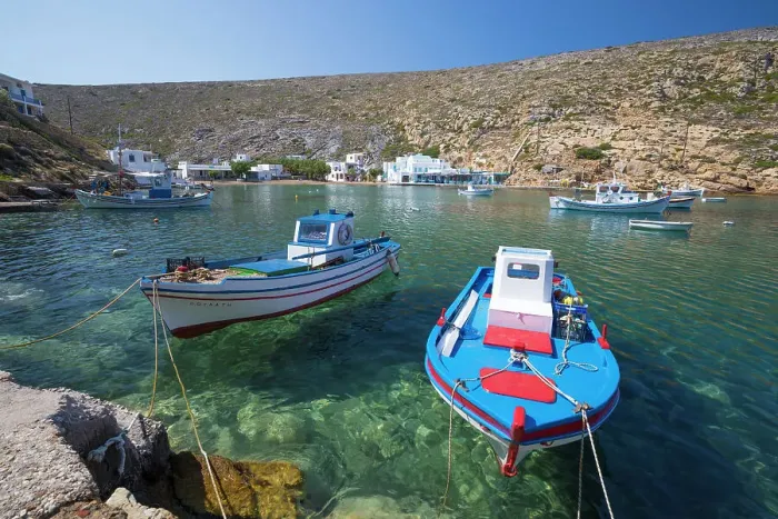Framed Print : View over crystal clear water and fishing boats in harbour, Cheronissos, Sifnos, Cyclades Framed Print : View over crystal clear water and fishing boats in harbour, Cheronissos, Sifnos, Cyclades