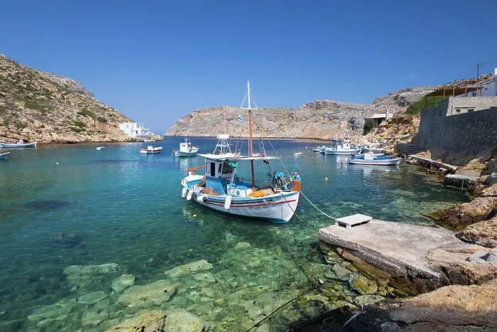 Framed Print : View of crystal clear water and fishing boats in harbour, Cheronissos, Sifnos, Cyclades Framed Print : View of crystal clear water and fishing boats in harbour, Cheronissos, Sifnos, Cyclades
