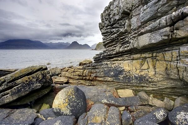 View to Cuillin Hills from rocky foreshore at Elgol, Isle of Skye, Highland