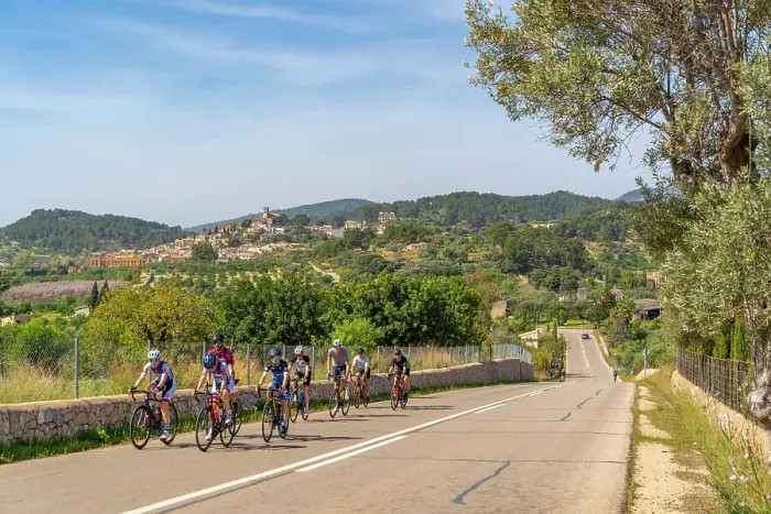 Framed Print : View of cyclists and hilltop town of Selva, Majorca, Balearic Islands, Spain, Mediterranean, Europe Framed Print : View of cyclists and hilltop town of Selva, Majorca, Balearic Islands, Spain, Mediterranean, Europe