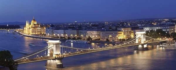 View over Danube River to Chain Bridge and Parliament, UNESCO World Heritage Site