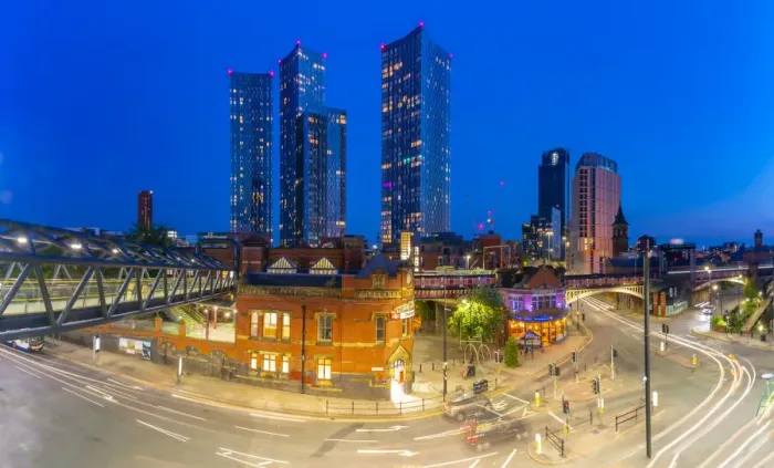 Framed Print : View of Deansgate Station and city skyline at dusk, Manchester, Lancashire, England Framed Print : View of Deansgate Station and city skyline at dusk, Manchester, Lancashire, England