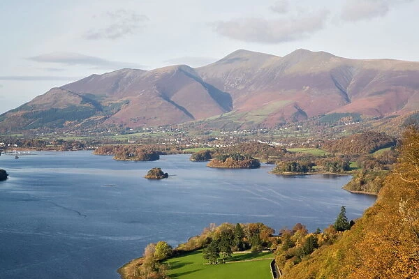 View across Derwent Water to Keswick and Skiddaw from Watendlath road in autumn