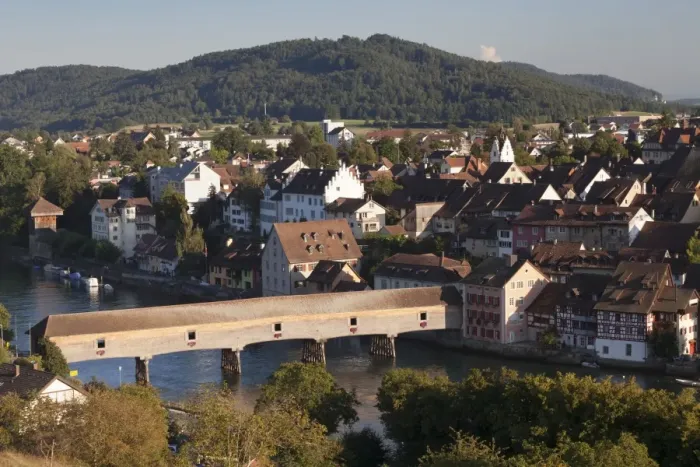Framed Print : View over Diessenhofen with historic wooden bridge, Canton Schaffhausen, Switzerland, Europe Framed Print : View over Diessenhofen with historic wooden bridge, Canton Schaffhausen, Switzerland, Europe