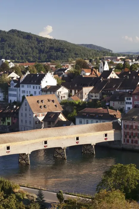 Framed Print : View over Diessenhofen with historic wooden bridge, Canton Schaffhausen, Switzerland, Europe Framed Print : View over Diessenhofen with historic wooden bridge, Canton Schaffhausen, Switzerland, Europe