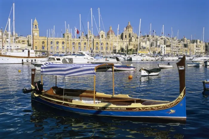 Framed Print : View across Dockyard Creek to Maritime Museum on Vittoriosa with traditional boat Framed Print : View across Dockyard Creek to Maritime Museum on Vittoriosa with traditional boat