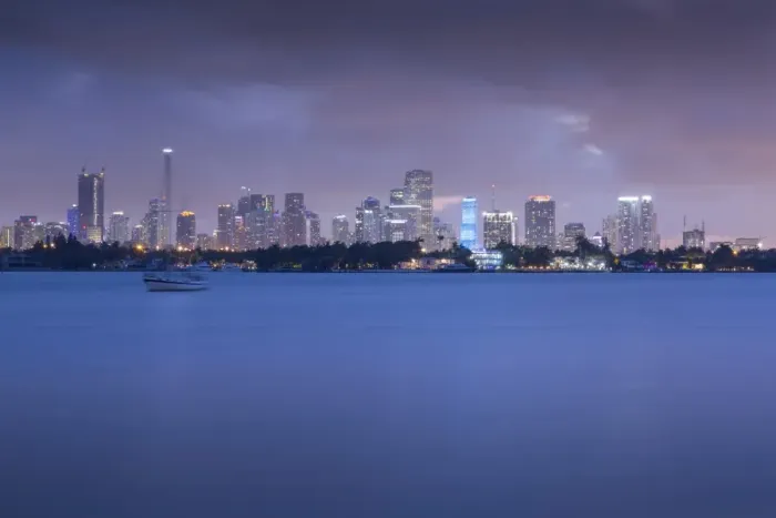 Framed Print : View of Downtown from South Beach at dusk, Miami Beach, Miami, Florida, United States of America Framed Print : View of Downtown from South Beach at dusk, Miami Beach, Miami, Florida, United States of America