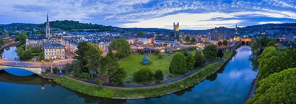 View by drone of Bath city center and River Avon, Somerset, England, United Kingdom